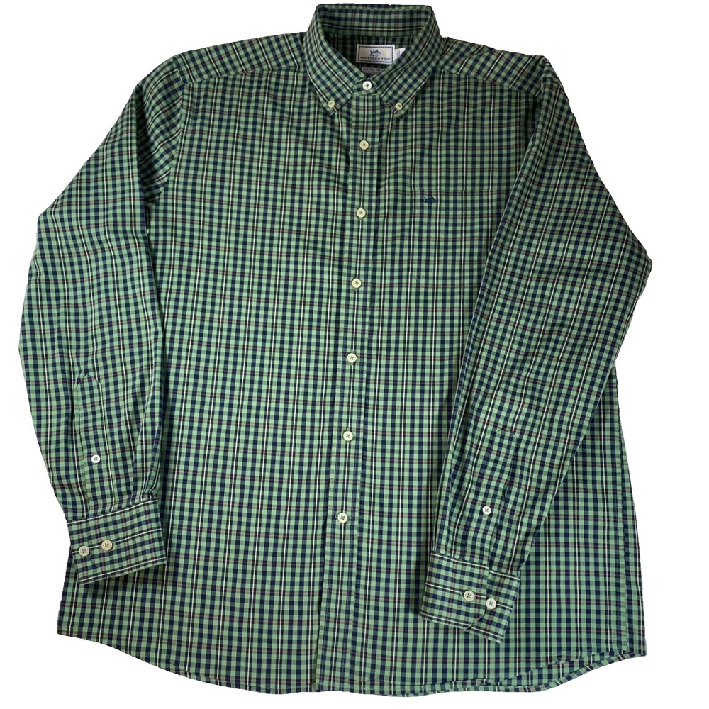 Southern Tide Coastal Passage Mens Gingham Button Down Shirt L Green Navy Plaid